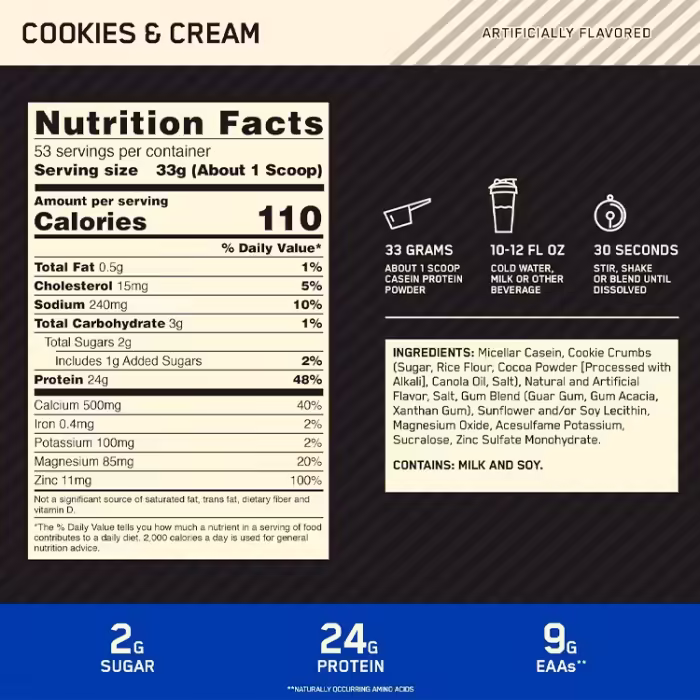 Казеин Optimum Nutrition Gold Standard 100% CASEIN, Cookies & Cream 3.85lb - 2