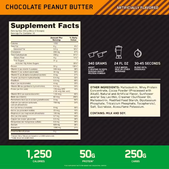 Gheiner Optimum Nutrition SERIOUS MASS CHOCOLATE Peanut Butter 12lb - 2