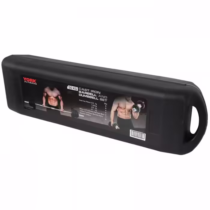 Set gantere si bara 50 kg YORK Black Cast Iron Barbell/Dumbbell Spinlock Set in PVC case