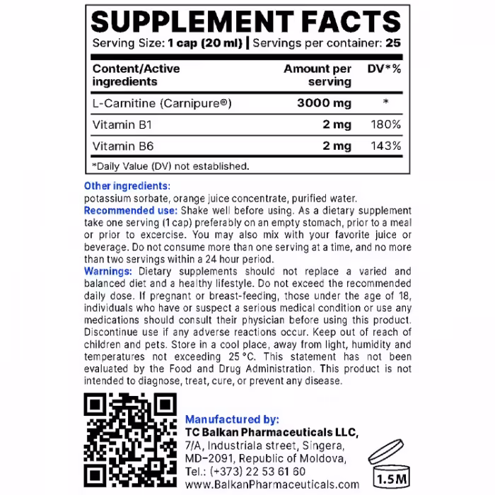 Ацетил-Л-Карнитин Balkan Pharmaceuticals L-CARNITINE BP liquid 500 ml - 2