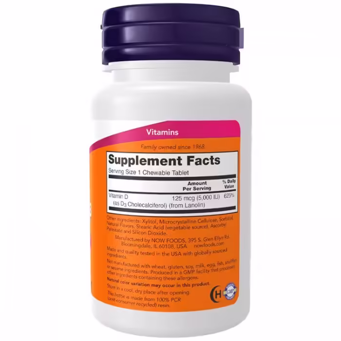 Витамины Now Foods Vitamin D-3, Natural Mint Flavor, Structural Support - 3