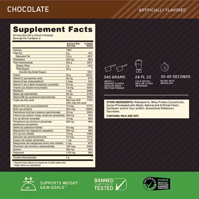 Gainer Optimum Nutrition PT ON SERIOUS MASS CHOCOLATE 2.96LB - 2