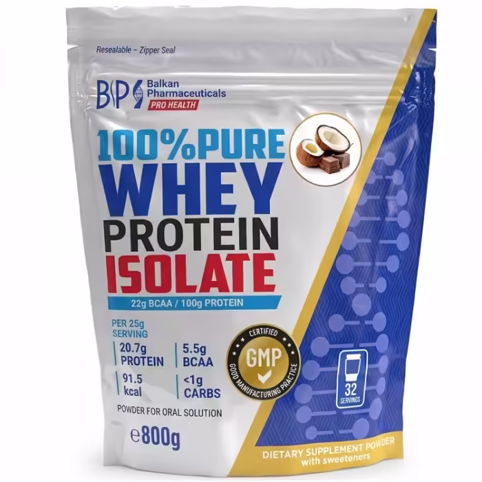 Isolat proteic Balkan Pharmaceuticals WHEY PROTEIN ISOLATE 100% PURE Chocolate coconut powder 800 gr