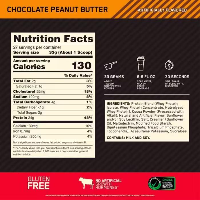Сывороточный протеин Optimum Nutrition Gold Standard 100% WHEY Chocolate Peanut Butter 2lb - 3