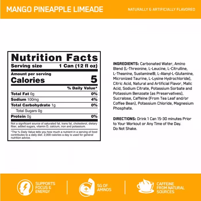 Энергетик Optimum Nutrition Amino Energy + Electrolytes, Mango Pineapple Limeade, 12 oz - 2