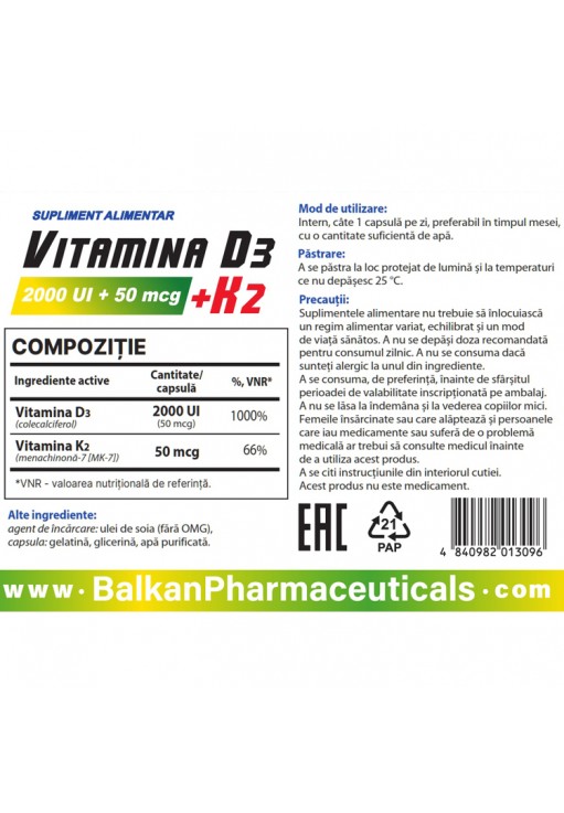Vitamine Balkan Pharmaceuticals VITAMINA D3 + K2 softgels N30
