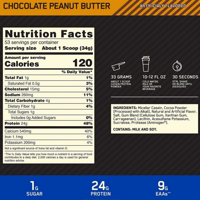 Cazeina Optimum Nutrition ON 100% CASEIN GS CHOC PB 1.87LB 1116312 - 2