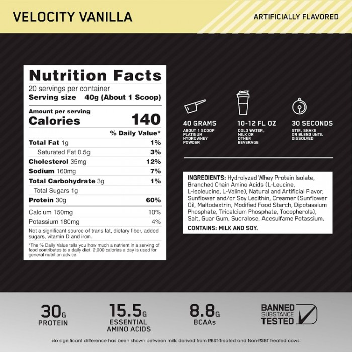 Гидролизат протеина Optimum Nutrition Platinum Hydro Whey Vanilla 1.76lb 1116318 - 3