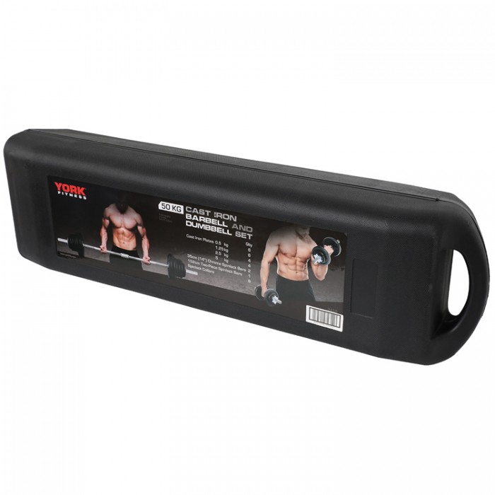 Set gantere si bara 50 kg YORK Black Cast Iron Barbell/Dumbbell Spinlock Set in PVC case 2435