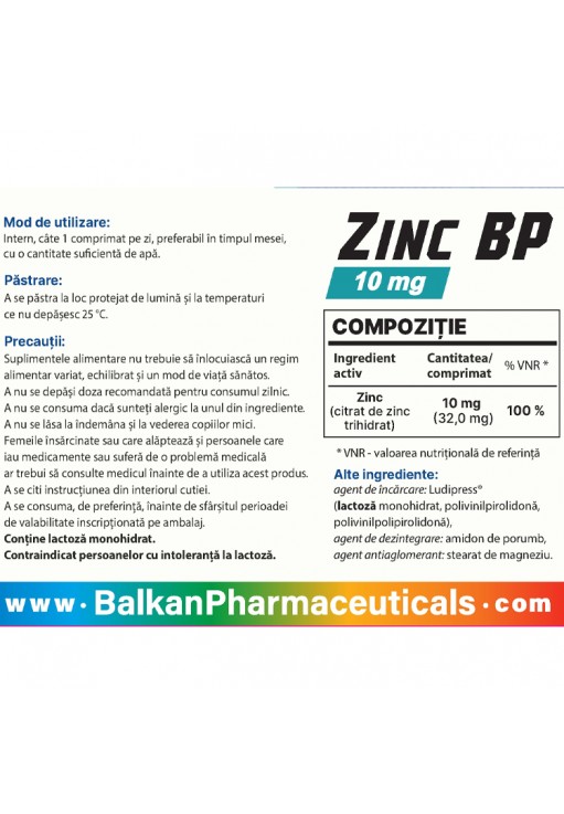 Vitamine Balkan Pharmaceuticals ZINC BP tablets N40