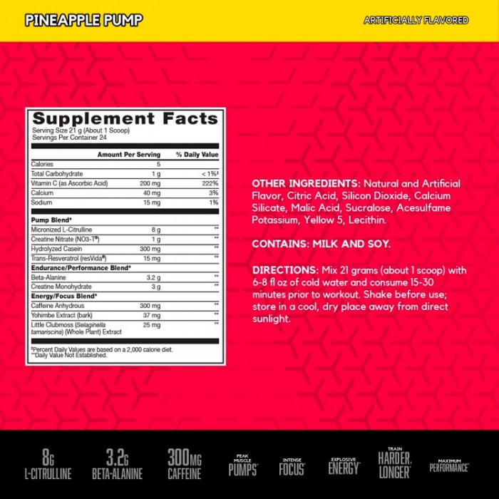 Предтренировочный комплекс BSN No xplode Vaso ultimate pump pre-workout Pineapple pump 1.11lb 1111250 - изображение №2