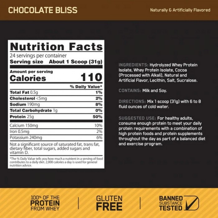 Изолят протеина Optimum Nutrition ON GS ISOLATE GF CHOCOLATE BLISS 1.64LB 1086458 - изображение №2