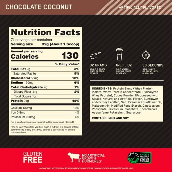 Сывороточный протеин Optimum Nutrition Gold Standard 100% WHEY Chocolate Coconut 5lb 1111972 - изображение №2