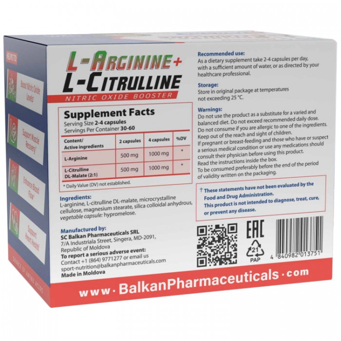 Arginina si citrulina Balkan Pharmaceuticals L-ARGININE + L-CITRULLINE capsules N120 BF1375 - 2