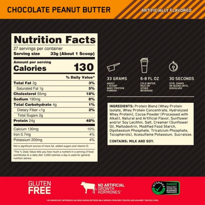 Сывороточный протеин Optimum Nutrition Gold Standard 100% WHEY Chocolate Peanut Butter 2lb 1111983 - изображение №2