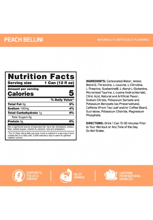 Energizant Optimum Nutrition Amino Energy + Electrolytes, Peach Bellini, 12 oz 12CT